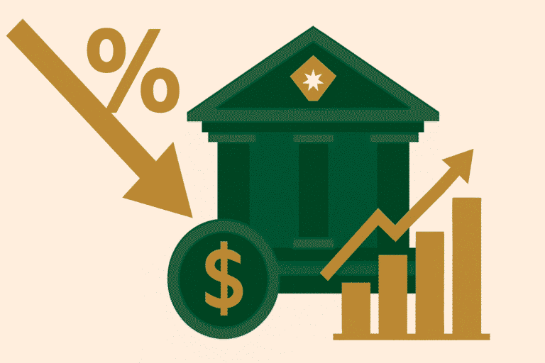 رسم رقمي بأسلوب فلات يوضح خفض الفائدة في الأردن مع سهم هابط ورمز البنك المركزي الأردني وتأثير القرار على الاقتصاد و الاستثمار و القروض و الايرادات الضريبية و الوضع المعيشي